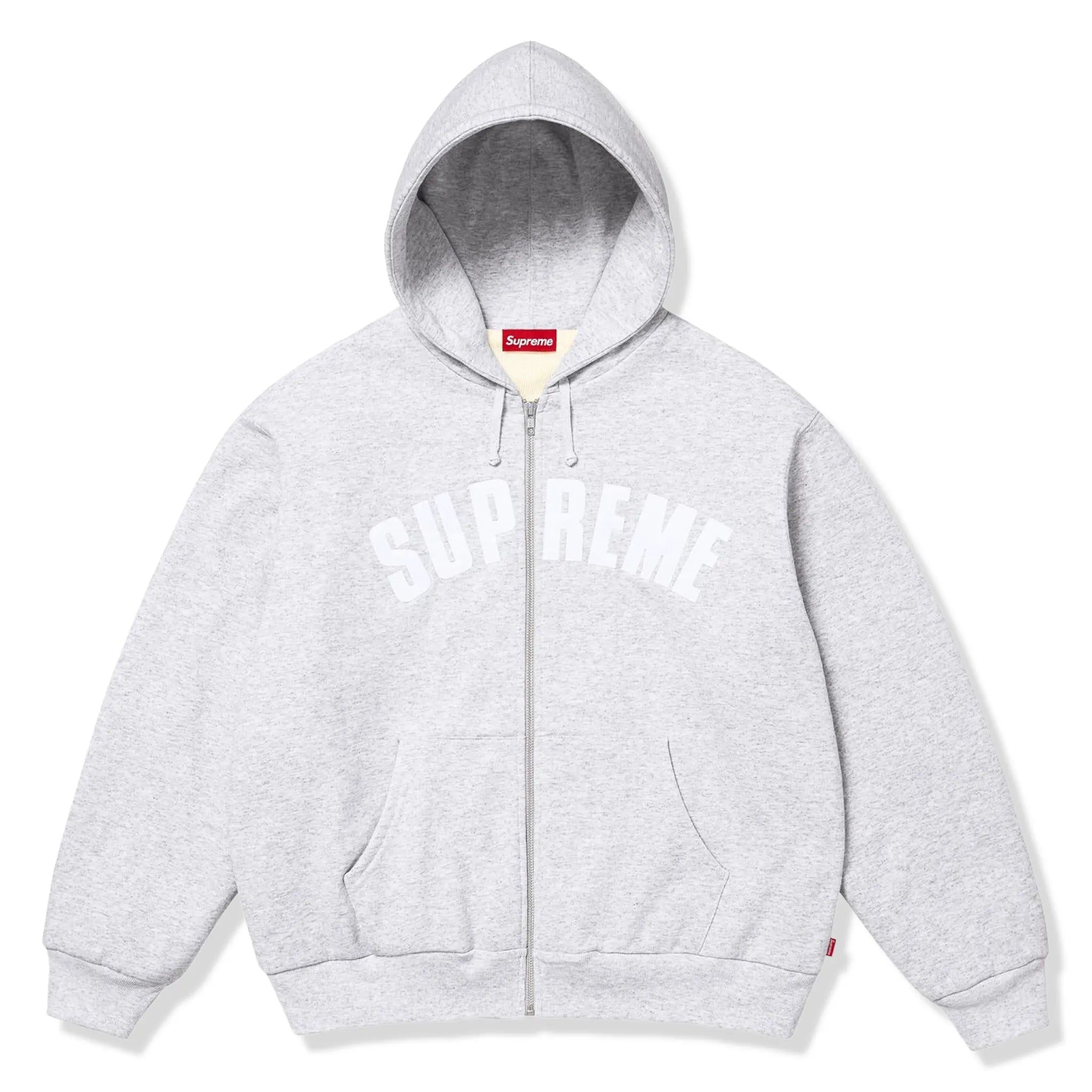 Front View of Supreme Arc Thermal Lined Ash Grey Zip-Up Hoodie FW25SW27-ASH GREY